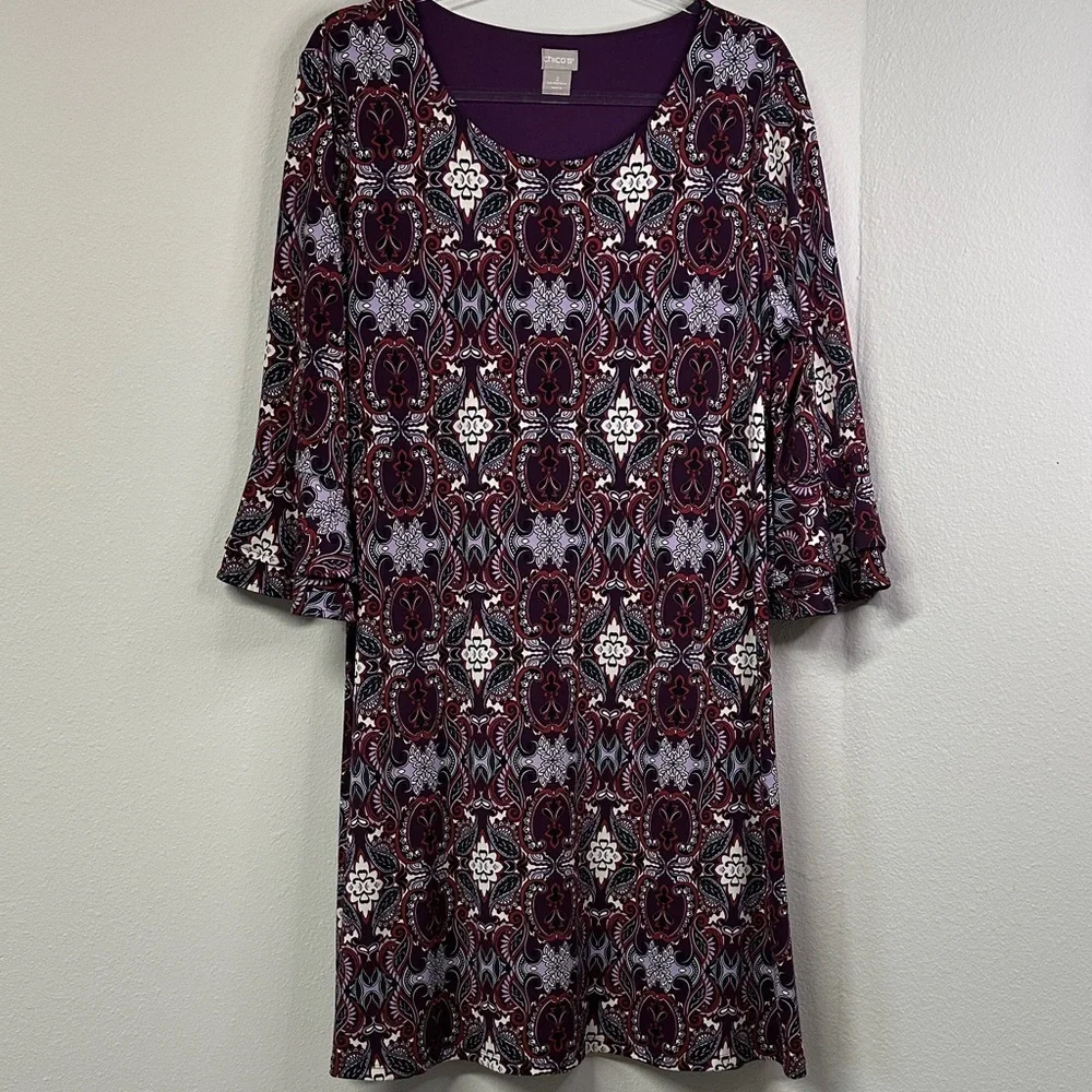 Chico's Pullover Boho Paisley 3/4 Bell Sleeve Knee Length Shift Dress Size 12/14